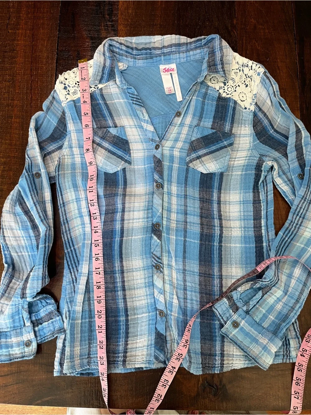 Justice Blue Plaid Button-Down Shirt with Lace Shoulders